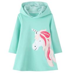 FILOWA Kapuzenkleid für Mädchen Einhorn Kapuzenpullover Kleid Langarm Baumwolle Stickerei Hoodie Pullover Sweatshirt Freizeit Tops Kleider Frühling Herbst Winter Kinder 3-4 Jahre Grün von FILOWA