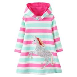 FILOWA Kapuzenkleid für Mädchen Einhorn Pailletten Kapuzenpullover Kleid Langarm Baumwolle Streifen Rosa Grün Stickerei Hoodie Pullover Sweatshirt Freizeit Tops Kleider Kinder 3-4 Jahre von FILOWA