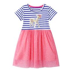 FILOWA Kleid Mädchen Kinder Kleider Pferd Pailletten Blau Streifen Tüll Baumwolle Kurzarm Mädchenkleid Prinzesin Sommerkleid Rosa Rot Gr.116-122, 6-7 Jahre von FILOWA