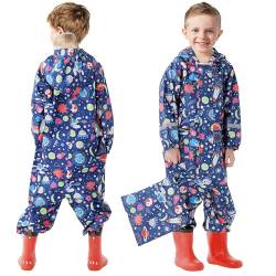 FILOWA Regenmantel Kinder Jungen Atmungsaktiv Matschanzug Wasserdicht Regenanzug mit Kapuze Leicht Regenoverall Outdoor Regenkleidung Einteilig Overalls Regen für Schule Wandern 1-3 Jahre von FILOWA