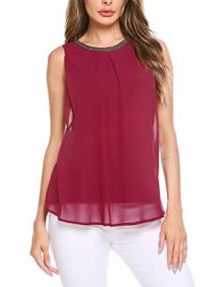 FINEJO Damen Top Rundhals Blusentop Lockeres Top Elegant Bluse mit Verzierung Weinrot S von FINEJO