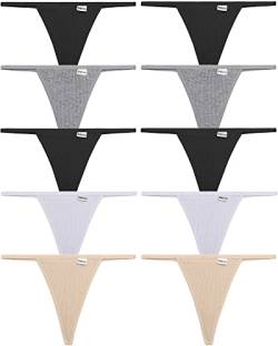 FINETOO 10 Stück G-String Tangas für Frauen Baumwolle Panties Stretch T-Rücken Tangas Low Rise Hipster Unterwäsche Sexy S-XL, Lichtfarbe: 10 Stück, Small von FINETOO