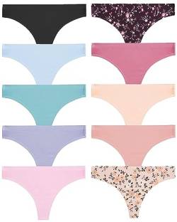 FINETOO 10er Pack Damen Nahtlos Strings Seamless Slip Panties Soft Hipster Unterwäsche Frauen Unterhosen Tangas Set Sexy Tanga Bequem Dessous Lingerie für Frau Mehrfarbig XS-XL von FINETOO