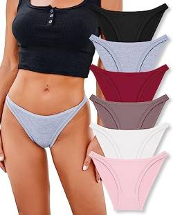 FINETOO 6 Pack String Unterwäsche für Frauen Baumwolle High Cut Stretch Atmungsaktiv Low Rise Hipster Cheeky Bikini Höschen S-XL, 6er-Pack A (schwarz, weiß, grau, weinrot, rosa, dunkelviolett), M von FINETOO