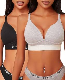 FINETOO Kabellose BHs für Damen, bequem, volle Abdeckung, Push-up-BH, Baumwolle, Bralette, leicht gefüttert, V-Ausschnitt, sportlich, gekreuzte Rückenträger, Schwarzgrau, Medium von FINETOO