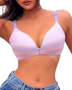 FINETOO Regenbogenfarbener Damen T-Shirt BH mit Push Up Super bequemer BH Ohne Bügel Bralette mit V-Ausschnitt für Damen Women's Bra 75B-95C von FINETOO