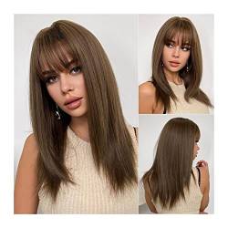 Damen Perücken Gerade Perücken mit Pony Synthetic Medium Long Perücken for Frauen Gerade Braune Perücke mit Knaller Hitzebeständiger Faser Natürlich Suchen nach täglichen Party Beauty Ladieshair von FIONEL