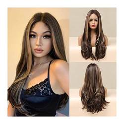 Perücke für Frauen Lange braune Spitzefront Synthetische Perücken 150% Dichte Hochtemperaturfaser Synthetische Perücke Highlight Klarer Spitze Frontal Perücke for Frauen Cosplay Perücke Human Hair Wig von FIONEL