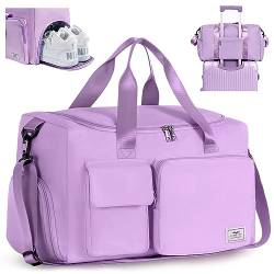 FIORETTO 35L Damen Sporttasche Faltbare Reisetasche mit Schuhfach und Nassfach, Wasserabweisende Weekender Gym Travel Bag Handgepäck Tasche Trainingstasche für Damen Herren Lila von FIORETTO