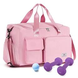 FIORETTO 35L Damen Sporttasche Faltbare Reisetasche mit Schuhfach und Nassfach, Wasserabweisende Weekender Gym Travel Bag Handgepäck Tasche Trainingstasche für Damen Herren Rosa von FIORETTO