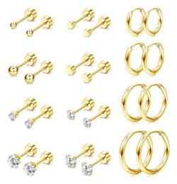 FIOROYAL 12 Paar Ohrring-Sets für mehrere Piercing Chirurgenstahl kleine Gold Hoop Ohrringe CZ Ball Dot Flat Back Tiny Stud Ohrringe für Knorpel hypoallergen von FIOROYAL