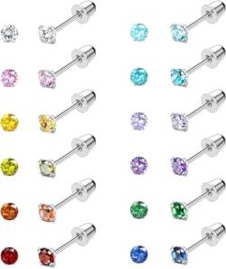 FIOROYAL 12 Paar Ohrringe Mit Schraubverschluss für Damen Edelstahl Mehrfarbige Zirkonia Ohrringe 3 Mm/4 Mm Ohrstecker Mit Sicherheitsverschluss Hypoallergene Ohrringe für Mädchen (4mm) von FIOROYAL