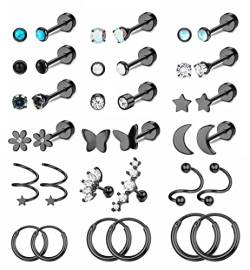 FIOROYAL 18 Paar Piercing Ohr 18G Helix Piercings Chirurgenstahl für Damen Stern Mond Opal Medizinische Ohrstecker Kleine Creolen Knorpel Ohrringe Helix Tragus Piercing Set Schwarz von FIOROYAL