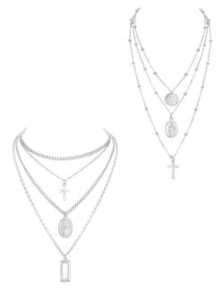 FIOROYAL 2-teilige mehrschichtige Halsketten für Frauen, Tag-Münze, Kreuz, Kruzifix, gesegnete Jungfrau Maria, Anhänger-Halskette, Kette, silberfarben, goldfarben, S von FIOROYAL
