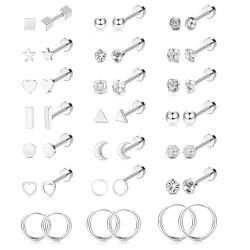 FIOROYAL 21 Paar Ohrstecker Set Kreolen Creolen für Damen Herren Hypoallergen Edelstahl Knorpel Helix Piercing Ohrstecker Silber Medizinische Ohrstecker Zirkonia Flat Piercing Ohr Ohrringe von FIOROYAL