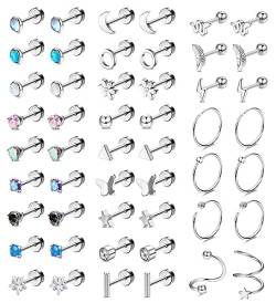 FIOROYAL 25 Paar Ohrstecker Chirurgenstahl für Frauen, Multipack Knorpelohrringe Für Männer, Opal Mondstein Stern Flach Zurück Ohrringe Helix Piercing Schmuck von FIOROYAL