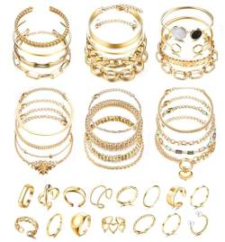 FIOROYAL 39 Stück 𝐆𝐨𝐥𝐝 𝐒𝐜𝐡𝐦𝐮𝐜𝐤 Set für Damen Boho Gold Armband Set Gold Ring Set Mehrschichtiger Stapelbarer Offener Armbänder Goldschmuck für Frauen Mädchen von FIOROYAL