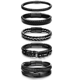 FIOROYAL 5 Stück Schwarze Lederarmbänder für Männer und Frauen, geflochtenes Lederarmband, Manschettenarmbänder-Set, 19,1–21,6 cm, 21 von FIOROYAL