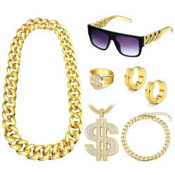 FIOROYAL 6-teiliges 80er-90er-Hip-Hop-Kostüm-Outfit, gefälschte Goldkette, Geld, Punk-Sonnenbrille, Dollarzeichen, Fingerring, Creolen, Goldkette, Armband für Männer und Frauen von FIOROYAL