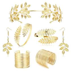 FIOROYAL 7 Stück Griechische Göttin Kostüm Damen Gold Perlenohrringe Oberarmreif Gold Lorbeerkranz Karneval Kostüm Damen Gold Jewelry Set Halloween Festival Schmuck von FIOROYAL