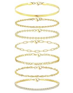 FIOROYAL 7 Stück Kettenarmbänder für Damen, 14 Karat vergoldet, Damen-Gliederarmbänder, verstellbar, CZ, Modeschmuck, Armband-Set, Silber-Gold-Armbänder für Damen und Mädchen, G von FIOROYAL