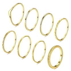 FIOROYAL 8 STK Ringe Gold 14K Vergoldet Ringe für Frauen Mädchen Stapelbare Ringe Einfacher Zierlicher Fingerring Gold Ringe Frauen Goldene Ringe Set Ring Gold Wasserfest Eheringe Gold für Damen 60 von FIOROYAL