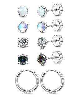 FIOROYAL G23 Titan Ohrringe für Damen Herren Mädchen Hypoallergen Zirkonia Opal Mondstein Türkis Flache Rückseite Titan Ohrstecker Creolen Tragus Helix Piercing Ohrringe Set B von FIOROYAL