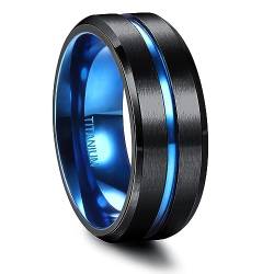 FIOROYAL G23 Titan Ringe Herren 8MM Ring Schwarz mit Blau Mittelrille Verlobungsring Mann Eheringe Titan Partnerringe Schwarz Männer Ringe Größe 65 von FIOROYAL