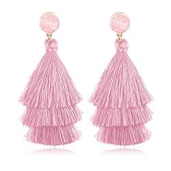 FIOROYAL Quaste Aussage Ohrringe für Frauen Clip auf Drop Ohrringe bunte böhmische Tiered Tassel Druzy Dangle Drop Ohrringe Non Piercing Schmuck Pink von FIOROYAL