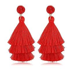 FIOROYAL Quaste Aussage Ohrringe für Frauen Clip auf Drop Ohrringe bunte böhmische Tiered Tassel Druzy Dangle Drop Ohrringe Non Piercing Schmuck Rot von FIOROYAL