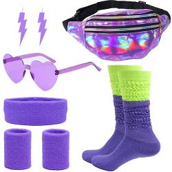 FIRAZIO 80er Jahre Damen Neon Extra Lange Schwere Slouch Socken Set Holografische Bauchtasche Armbänder Stirnband für Yoga Laufen Wandern, Violett, Medium von FIRAZIO