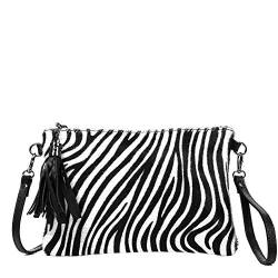 FIRENZE ARTEGIANI. Ermine Umhängetasche für Damen, echtes Leder, Cavallino Zebra, 26 x 5 x 16 cm, Farbe: Schwarz, Schwarz, Utility von FIRENZE ARTEGIANI