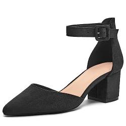FISACE Damen-Sandalen mit niedrigem und mittlerem quadratischem Absatz, Knöchelriemen, für Büro, (schwarze Velourslederoptik), 38 EU von FISACE
