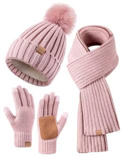 FISFET Mütze, Schal & Handschuh-Sets für Damen, Beanie Mütze Damen Winter mit Bommel Fleece Gefütterte, Touchscreen Handschuhe Schal Wärmer Mütze Damen 3 in 1 Set(Rosa) von FISFET