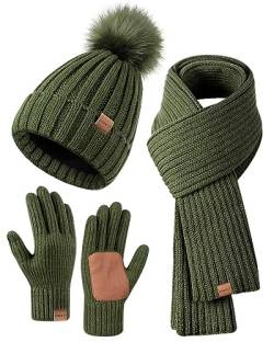 Winter-Set für Damen mit Mütze, Schal und Handschuhen, Mütze mit Bommel, langer Schal, Touchscreen-Handschuhe, 3-in-1-Set, Grün , Einheitsgröße von FISFET