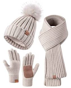 Winter-Set für Damen mit Mütze, Schal und Handschuhen, Mütze mit Bommel, langer Schal, Touchscreen-Handschuhe, 3-in-1-Set, Haferflocken (Oatmeal), Einheitsgröße von FISFET
