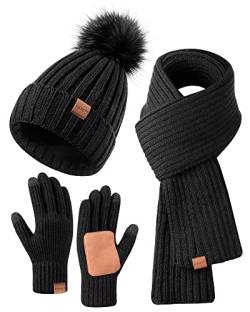 Winter-Set für Damen mit Mütze, Schal und Handschuhen, Mütze mit Bommel, langer Schal, Touchscreen-Handschuhe, 3-in-1-Set, Schwarz, Einheitsgröße von FISFET