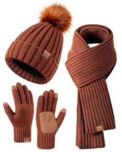Winter-Set für Damen mit Mütze, Schal und Handschuhen, Mütze mit Bommel, langer Schal, Touchscreen-Handschuhe, 3-in-1-Set, dunkelorange, Einheitsgröße von FISFET