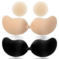 FITAVEN Klebe BH, Silikon Trägerloser Unsichtbarer, 2 Stück+1 Paar Rückenfrei Nippelpads Ultra dünn und Selbstklebende Nippel Cover Wiederverwendbare Hautfreundliche Bras-C, Beige+black von FITAVEN