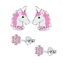 FIVE-D 2 Paar Kinderohrringe Einhorn Pferd und Blume 925 Silber (Pink-Glitzer-Kristalle) von FIVE-D