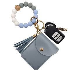 FIVWIN Handgelenk-Schlüsselanhänger, Armband, Geldbörse für Damen, Silikon-Perlen, Auto-Schlüsselanhänger mit Quaste, Armreif, Kartenhalter, Blau -B, Einheitsgröße von FIVWIN