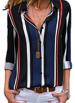 FIYOTE Damen Oberteile mit Knöpfen Hemd Lose Langarmshirt Tops Bluse Elegant V-Ausschnitt Gestreift Hemden Langarm Casual Arbeit B-Blau XL von FIYOTE