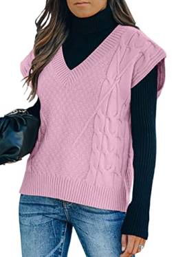 FIYOTE Damen Pullunder V-Ausschnitt Pullover ärmellos Einfarbig Strickpullover Elegante Strickweste A-Rosa XL von FIYOTE