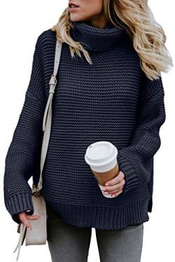 FIYOTE Damen Rollkragenpullover Casual Pullover Oberteile Winter Strickjacke Elegant Grobstrickpullover Streifenpullover Winter Sweats 1-Blau M von FIYOTE