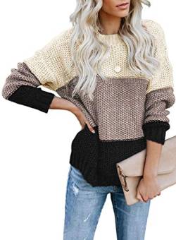 FIYOTE Damen Strickpullover Farbblock Pullover Casual Winter Sweater Sweatshirt Winter Bluse Streifenpullover 4 Farbe S/M/L/XL/XXL, 1-schwarz, X-Large(EU46-EU48) von FIYOTE