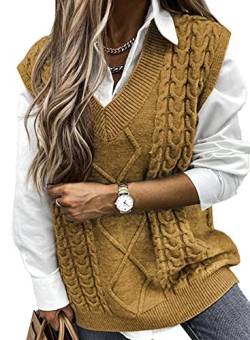 FIYOTE Weste Damen Pullunder ärmellos Weste Strick Winter Strickweste Elegante Pullover ärmellos V-Ausschnitt Strickpullover 1-gelb M von FIYOTE