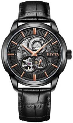 FIYTA Classic Herrenuhr Automatik schwarz mit schwarzem Lederarmband und offener Unruh/Open Heart GA802075.BSB von FIYTA