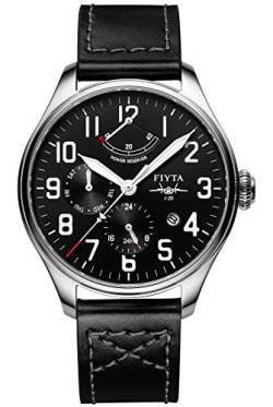 FIYTA Mach Herrenuhr Automatik schwarz mit schwarzem Lederband, Gangreserve, Datum, 24 Stunden Anzeige, Wochentag und Gehäuseboden mit Sichtfenster WGA881002.WBB Fliegeruhr, Militäruhr, Pilot von FIYTA