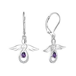 FJ Damen Schutzengel Ohrringe 925 Sterling Silber Engel Hängend Ohrringe Amethyst Februar Geburtsstein Ohrringe Schmuck Geschenke für Frauen Mädchen von FJ