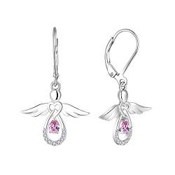 FJ Damen Schutzengel Ohrringe 925 Sterling Silber Engel Hängend Ohrringe Rosa Turmalin Oktober Geburtsstein Ohrringe Schmuck Geschenke für Frauen Mädchen von FJ